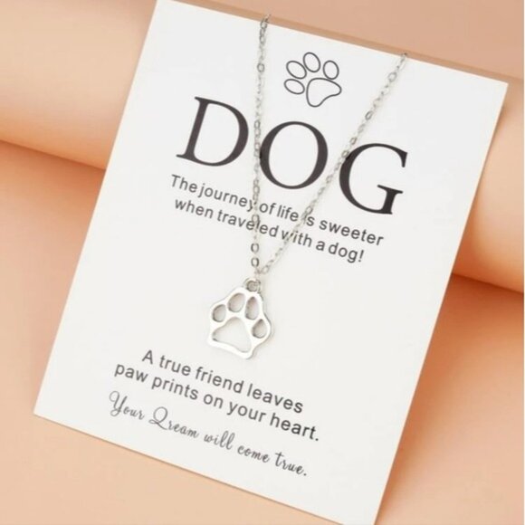Serving Looks Jewelry - SILVER DOG PAW PRINT NECKLACE WITH CARD Cute Gift Love Pets Dogs Dainty Love